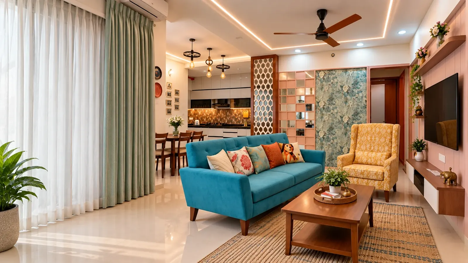 Concept living room with a turquoise sofa, yellow chair and pale pink shelving.